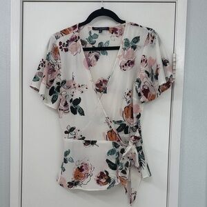 Floral V-Neck Wrap Blouse - Cream and Pink